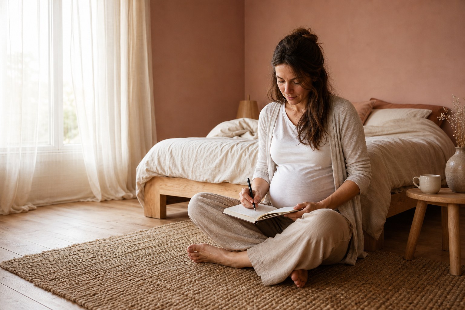 Scène illustrative : une femme enceinte en tee-shirt et gilet léger écrit dans un carnet, dans une chambre à la lumière douce.