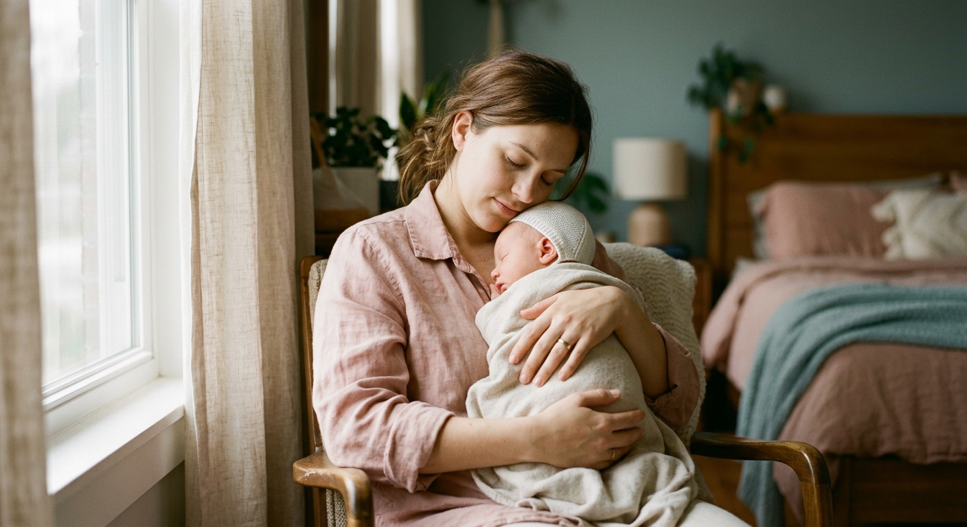 Une mère tient son bébé endormi contre elle, près d'une fenêtre